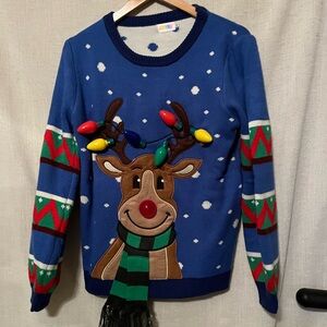 Festive Blue Reindeer Sweater Size L